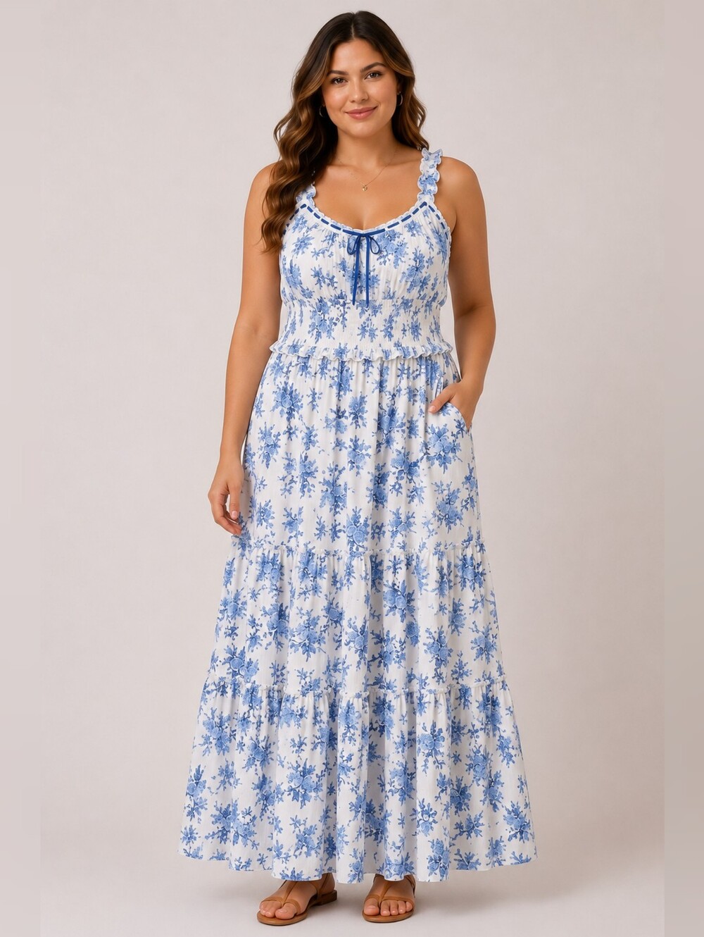 NWT Inspired Hearts Blue Floral Smocked Maxi Dress 2X Cottagecore Boho Plus